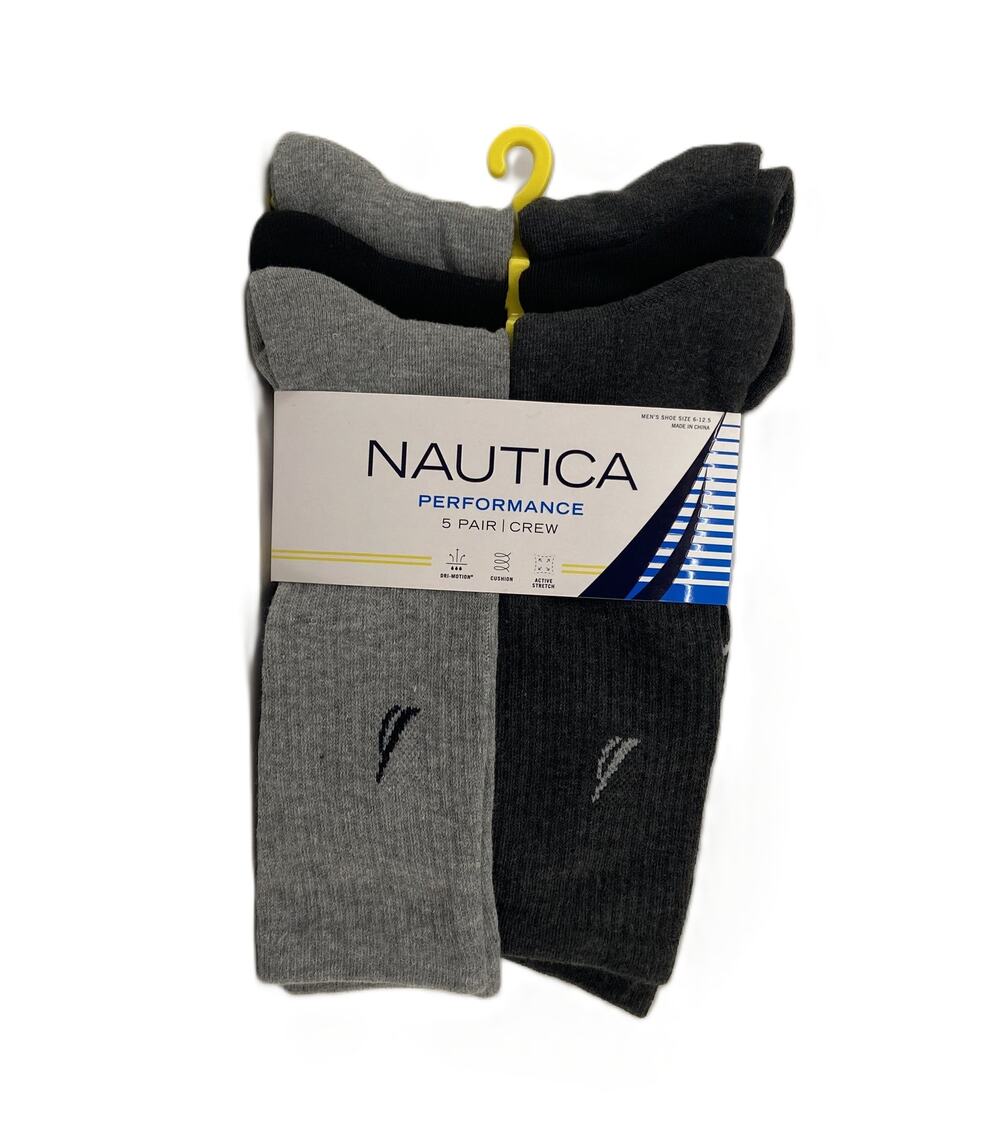 Nautica Performance Crew Socks 5-Pack Men's Shoe Size 6-12.5 Gray Black NEW